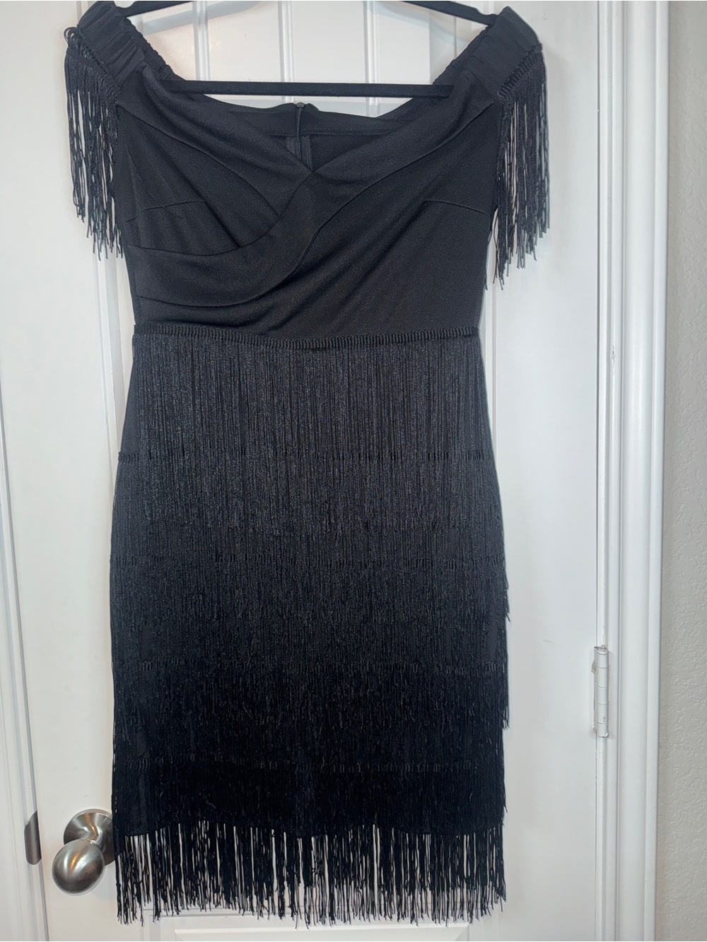 Black Fringe Off-Shoulder flapper glam Gypsy festival Dress